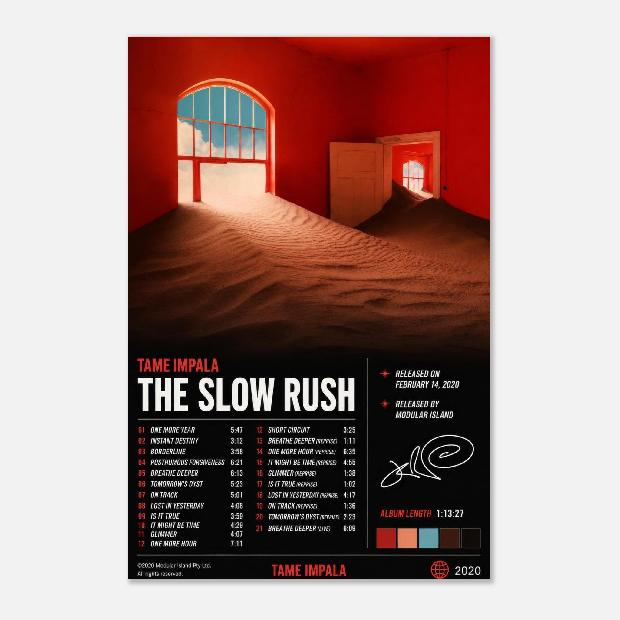 The Slow Rush poster styled on a wall