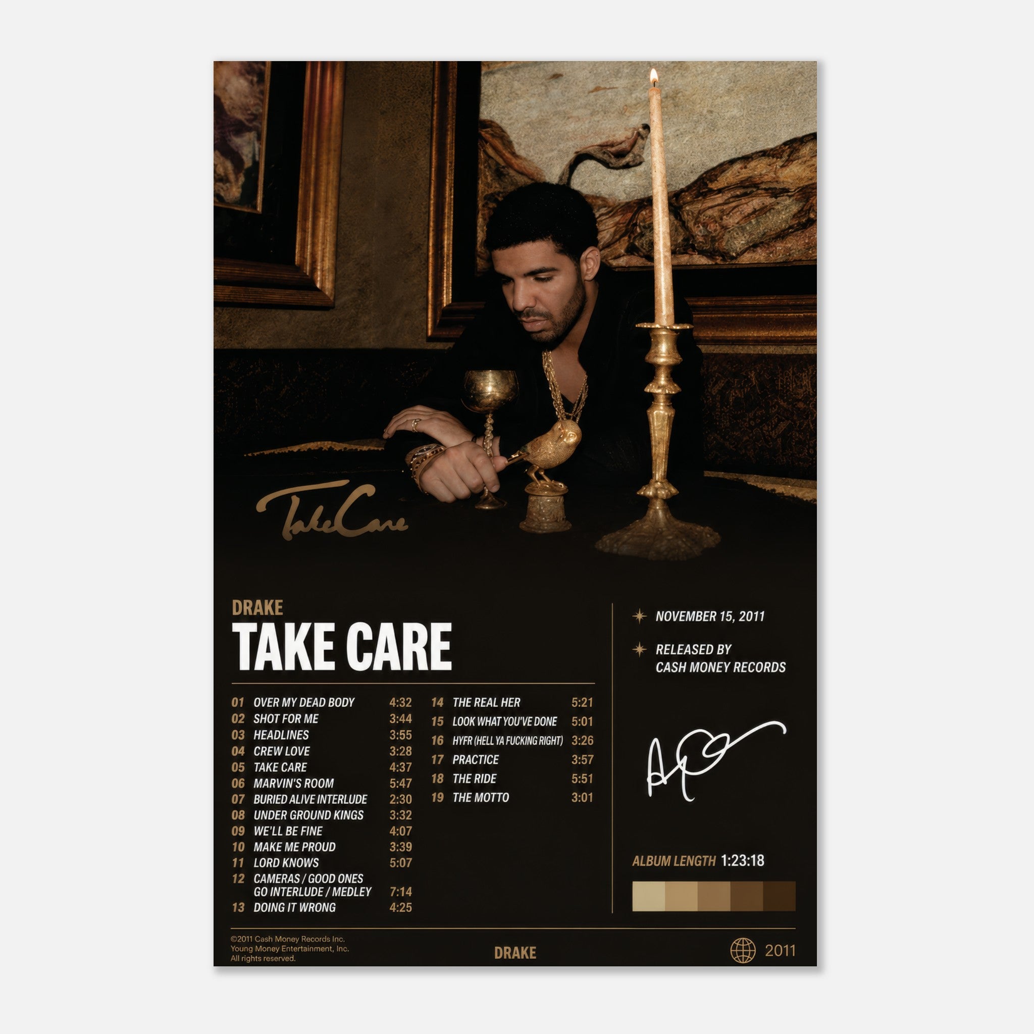 Take Care poster styled on a wall